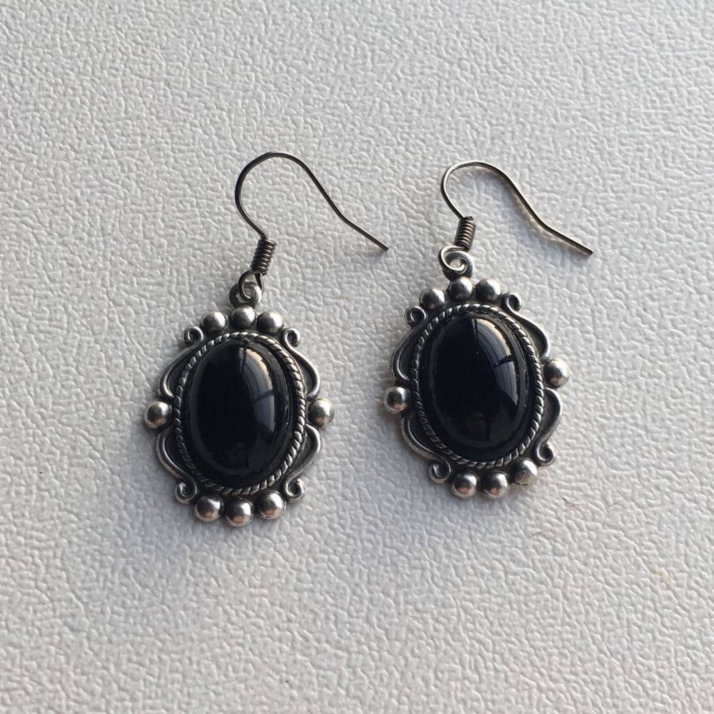 Silver and black deco style dangle earrings